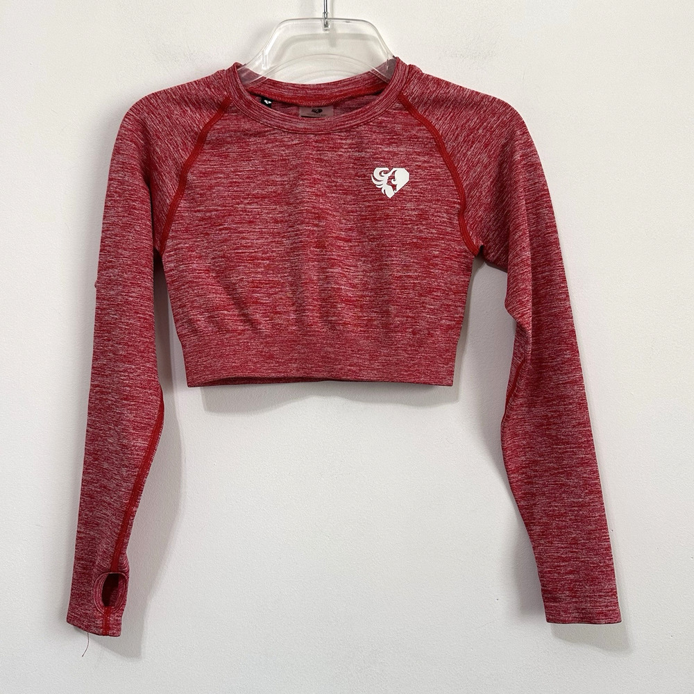 Womens Best Seamless Long Sleeve Crop Top S Red‎ Marl Thumb Holes Workout NWOT